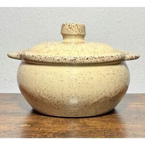 Vtg Monmouth Pottery Bean Pot Casserole Brown Speckled Stoneware Maple Leaf 2 Qt